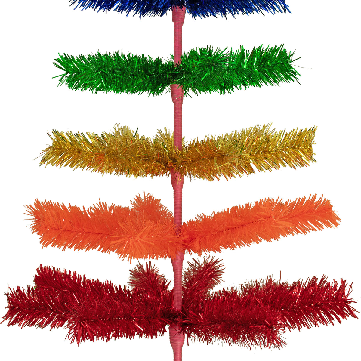 Closeup of the bottom rows of branches of the 4FT Tall Rainbow Layered Tinsel Christmas Tree.