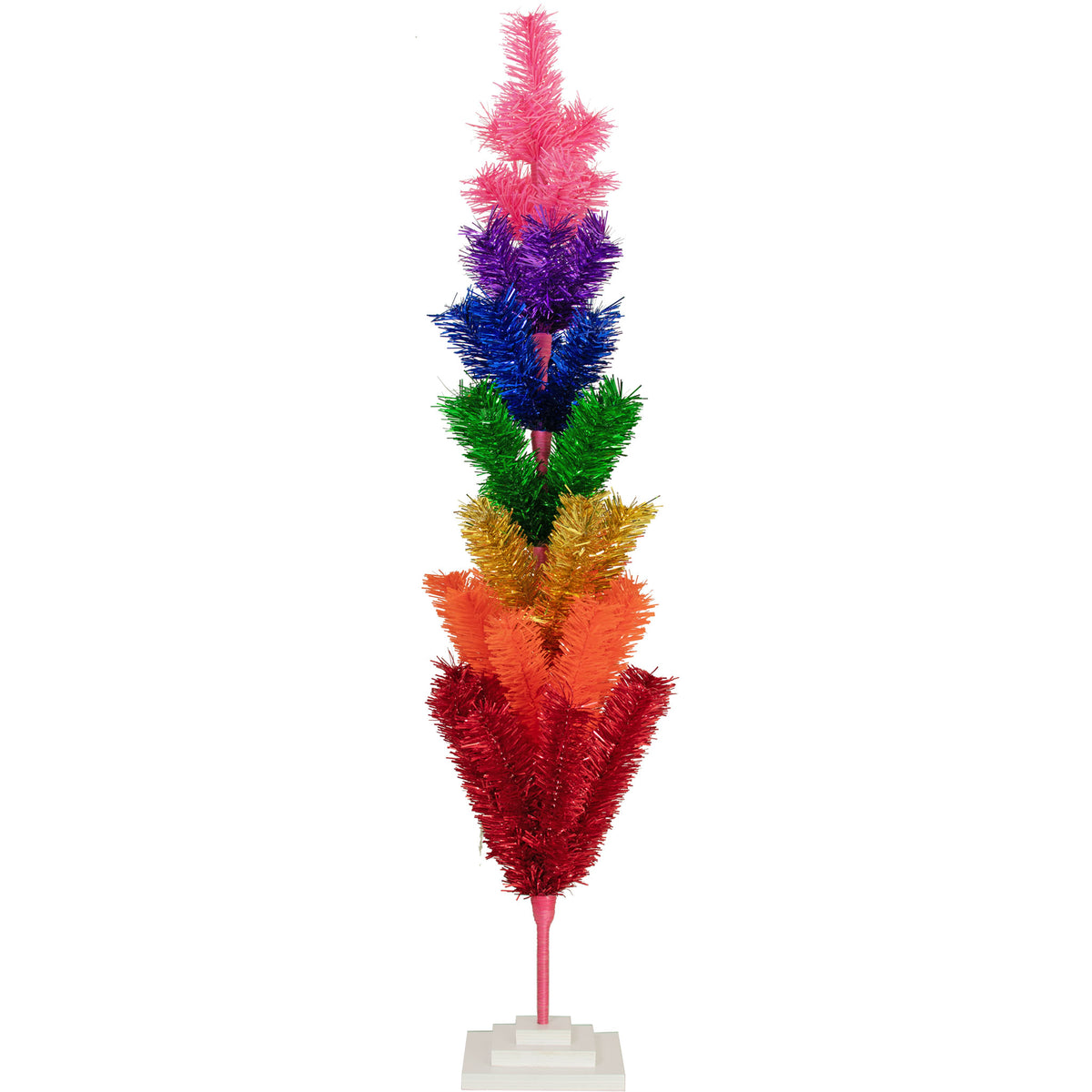 Photo of the 4FT Tall Rainbow Layered Tinsel Christmas Tree with the branches folded up for easy storage.