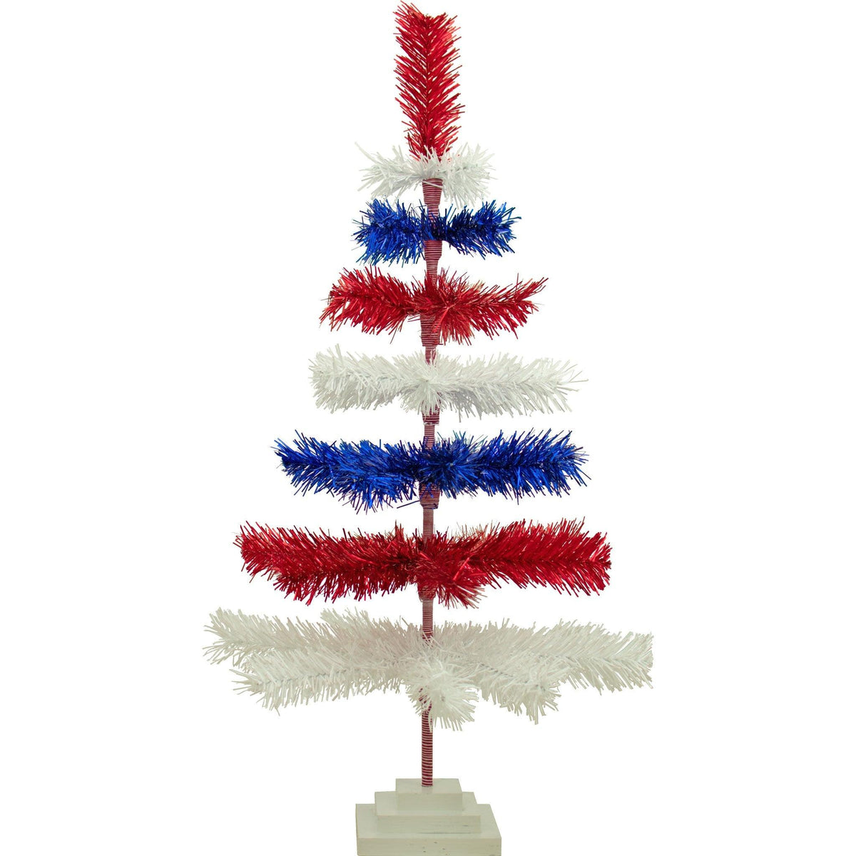 36in tall Red, White, and Blue Layered Tinsel Christmas Trees made by hand in the USA.  Decorate for the holidays with retro 4th of July-themed Trees and start creating your centerpiece now.  Shop for more at leedisplay.com