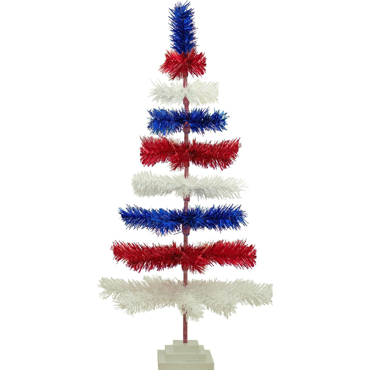 48in tall Red, White, and Blue Layered Tinsel Christmas Trees made by hand in the USA.  Decorate for the holidays with retro 4th of July-themed Trees and start creating your centerpiece now.  Shop for more at leedisplay.com