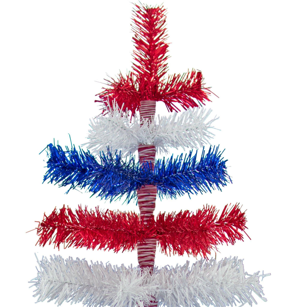 60in tall Red, White, and Blue Layered Tinsel Christmas Trees made by hand in the USA.  Decorate for the holidays with retro 4th of July-themed Trees and start creating your centerpiece now.  Shop for more at leedisplay.com