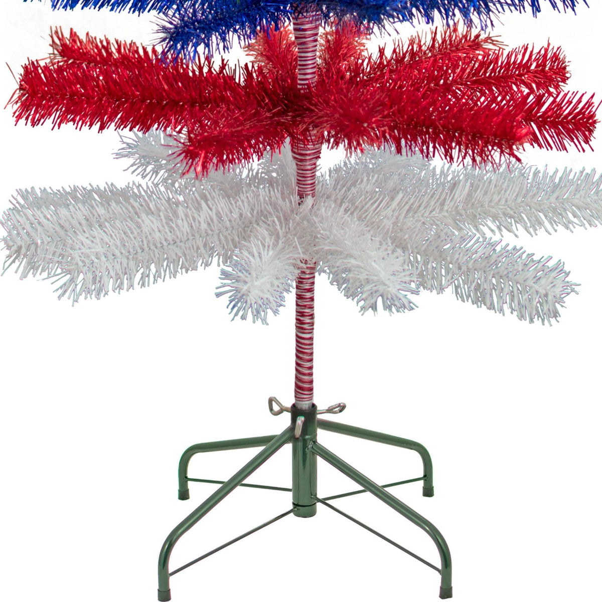 60in tall Red, White, and Blue Layered Tinsel Christmas Trees made by hand in the USA.  Decorate for the holidays with retro 4th of July-themed Trees and start creating your centerpiece now.  Shop for more at leedisplay.com