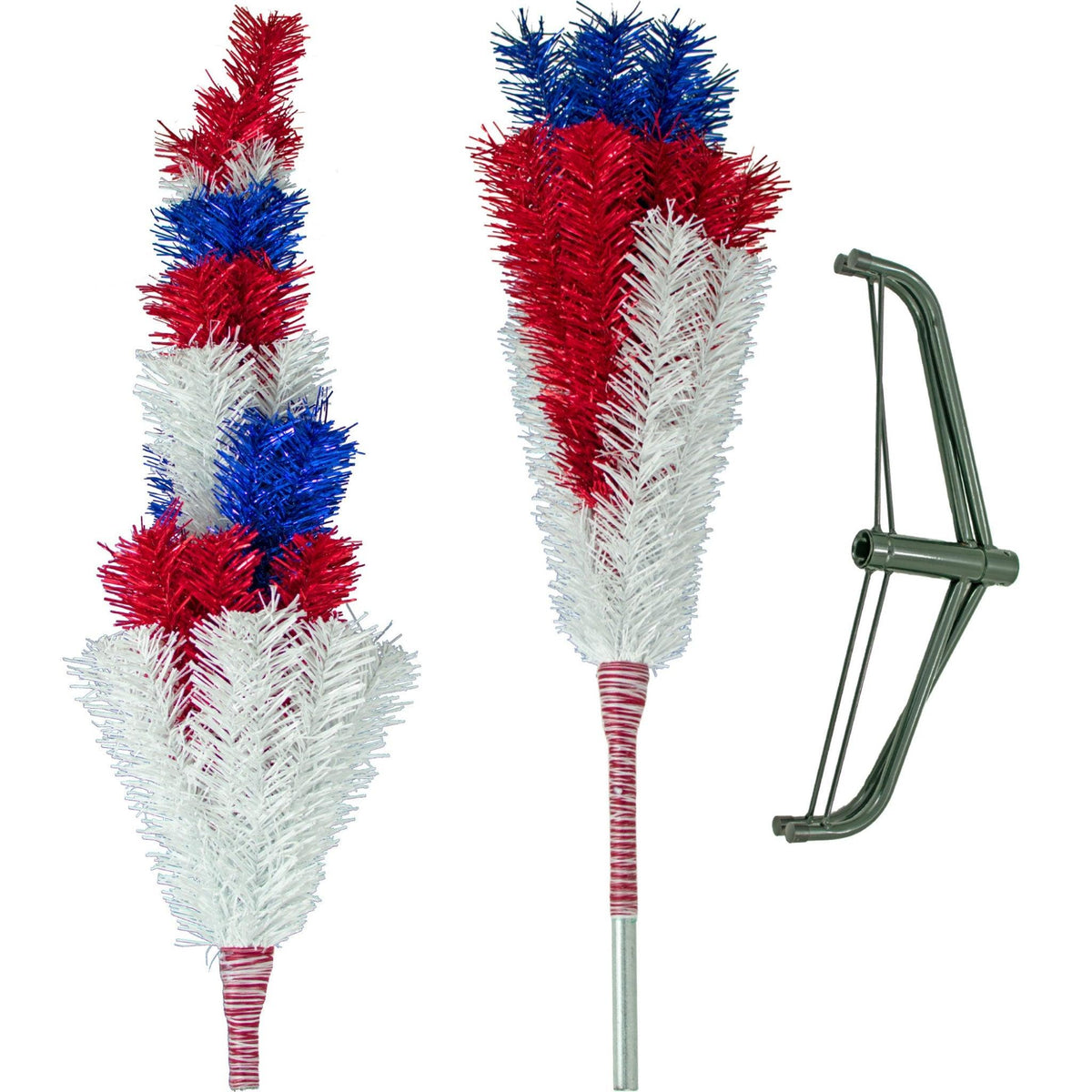 60in tall Red, White, and Blue Layered Tinsel Christmas Trees made by hand in the USA.  Decorate for the holidays with retro 4th of July-themed Trees and start creating your centerpiece now.  Shop for more at leedisplay.com