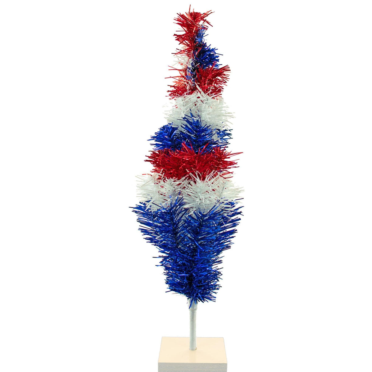 18in tall Red, White, and Blue Layered Tinsel Christmas Trees made by hand in the USA.  Decorate for the holidays with retro 4th of July-themed Trees and start creating your centerpiece now.  Shop for more at leedisplay.com