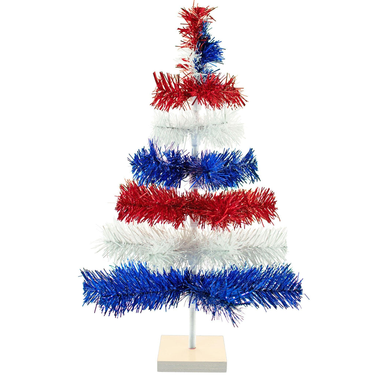 24in tall Red, White, and Blue Layered Tinsel Christmas Trees made by hand in the USA.  Decorate for the holidays with retro 4th of July-themed Trees and start creating your centerpiece now.  Shop for more at leedisplay.com