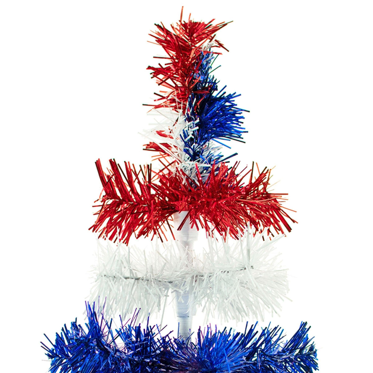 24in tall Red, White, and Blue Layered Tinsel Christmas Trees made by hand in the USA.  Decorate for the holidays with retro 4th of July-themed Trees and start creating your centerpiece now.  Shop for more at leedisplay.com