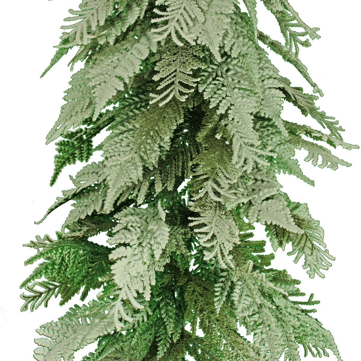 A closeup of the Flocked Hanging Cedar Garland on sale.