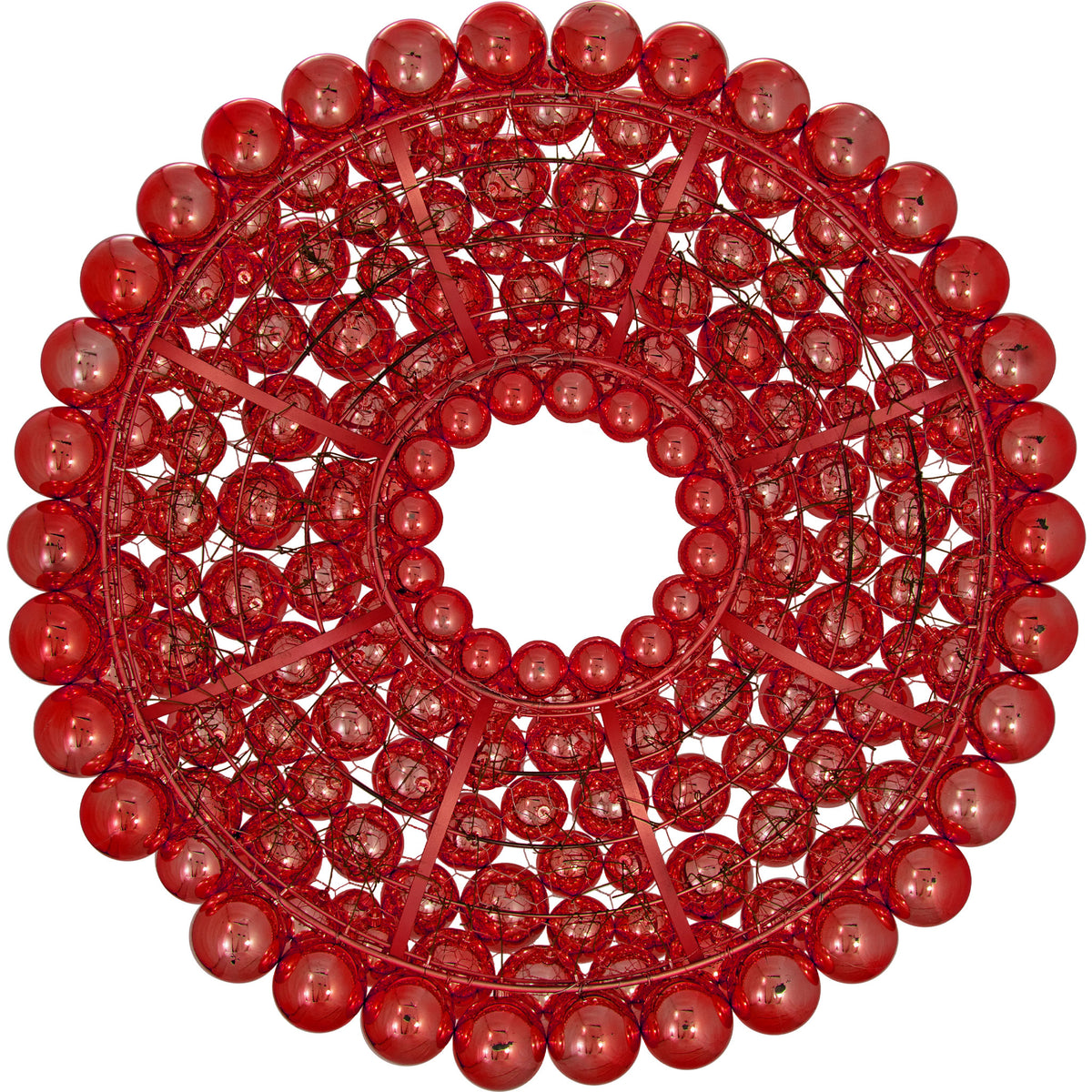 The back of the Ball Ornament Wreath.  The Shiny Red Ball Ornament Wreath measuring 36 inches in diameter comes with a 3-dimensional frame made of chicken wire and steel.