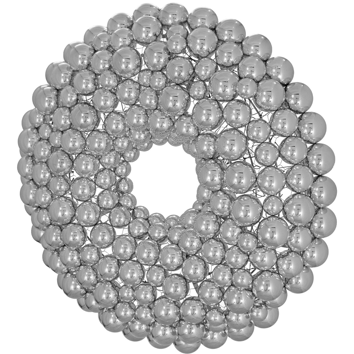 A side angle of the Ball Ornament Wreath.  The Silver Ball Ornament Wreath is made with different sizes of shiny plastic ball ornaments.