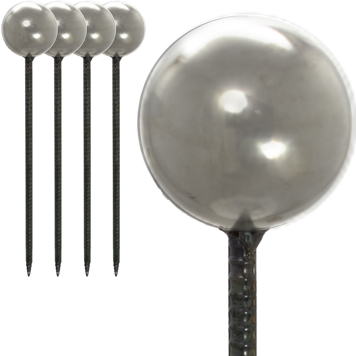 Shiny Steel Garden Hose Stakes come with polished silver gazing balls.