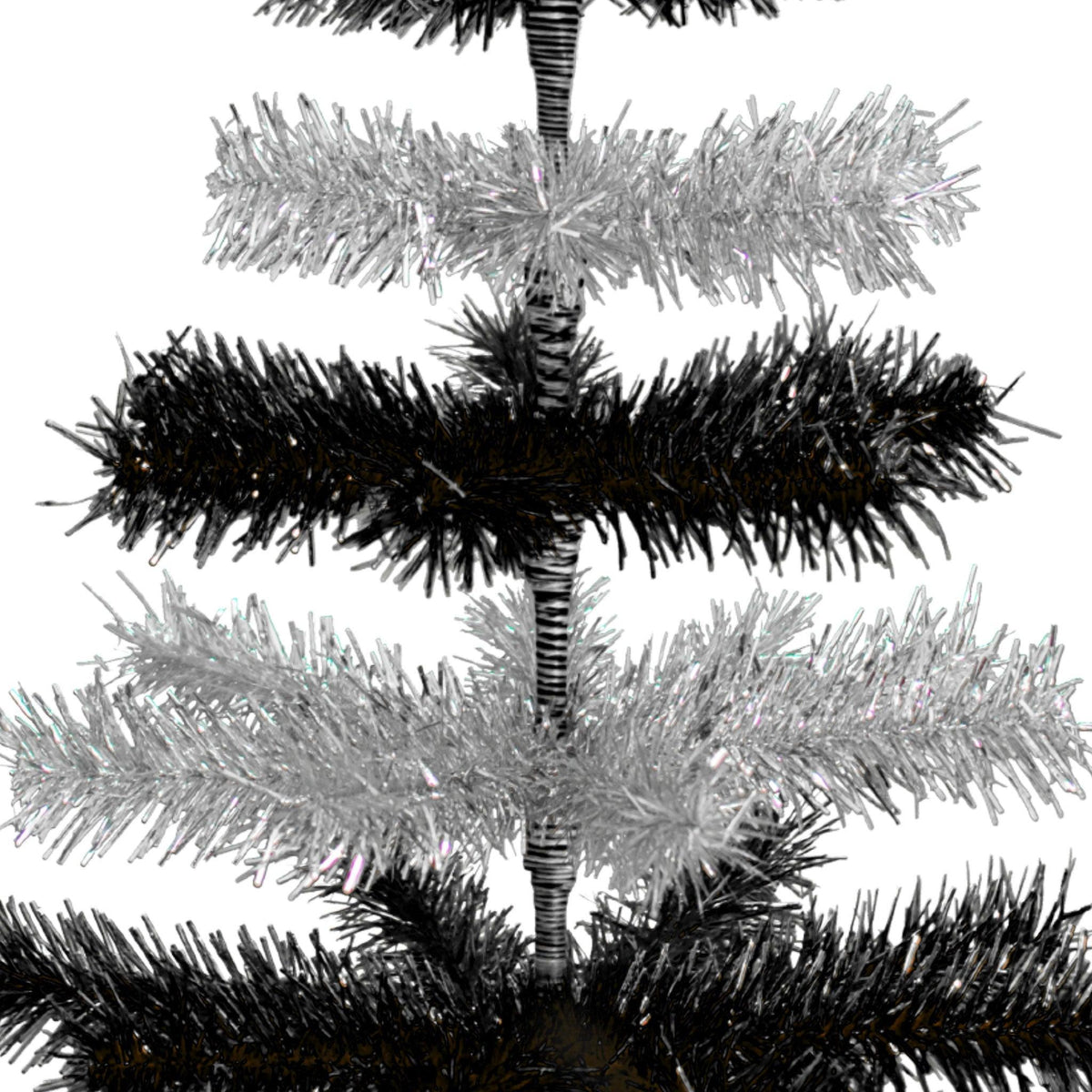 Black & Silver Layered Tinsel Christmas Trees!    Decorate for the holidays with a Shiny Black and Metallic Silver retro-style Christmas Tree.  On sale now at leedisplay.com