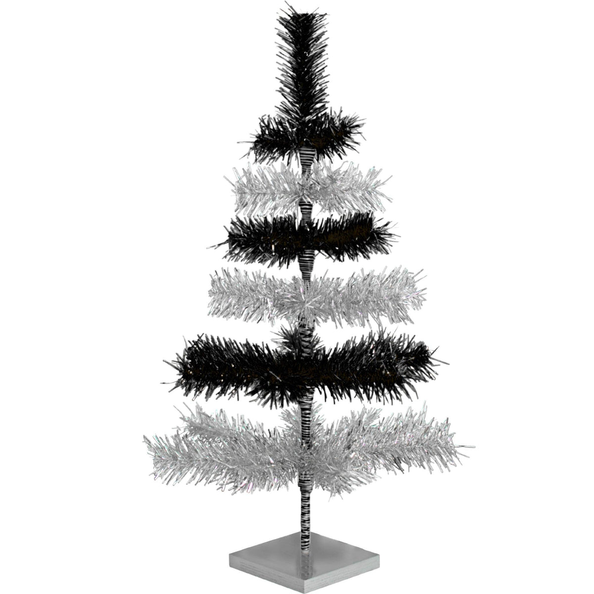 Black & Silver Layered Tinsel Christmas Trees!    Decorate for the holidays with a Shiny Black and Metallic Silver retro-style Christmas Tree.  On sale now at leedisplay.com