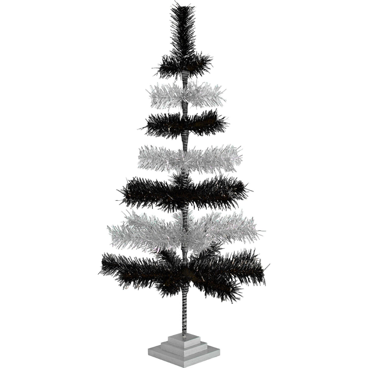 Black & Silver Layered Tinsel Christmas Trees!    Decorate for the holidays with a Shiny Black and Metallic Silver retro-style Christmas Tree.  On sale now at leedisplay.com