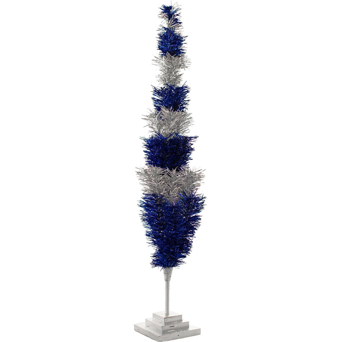 Metallic Blue and Shiny Silver Layered Tinsel Christmas Trees!    Decorate for the holidays with a Silver and Blue retro-style Christmas Tree.  Shop now at leedisplay.com