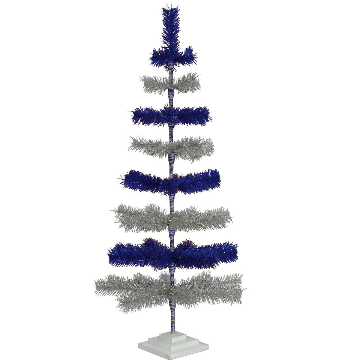 Metallic Blue and Shiny Silver Layered Tinsel Christmas Trees!    Decorate for the holidays with a Silver and Blue retro-style Christmas Tree.  Shop now at leedisplay.com