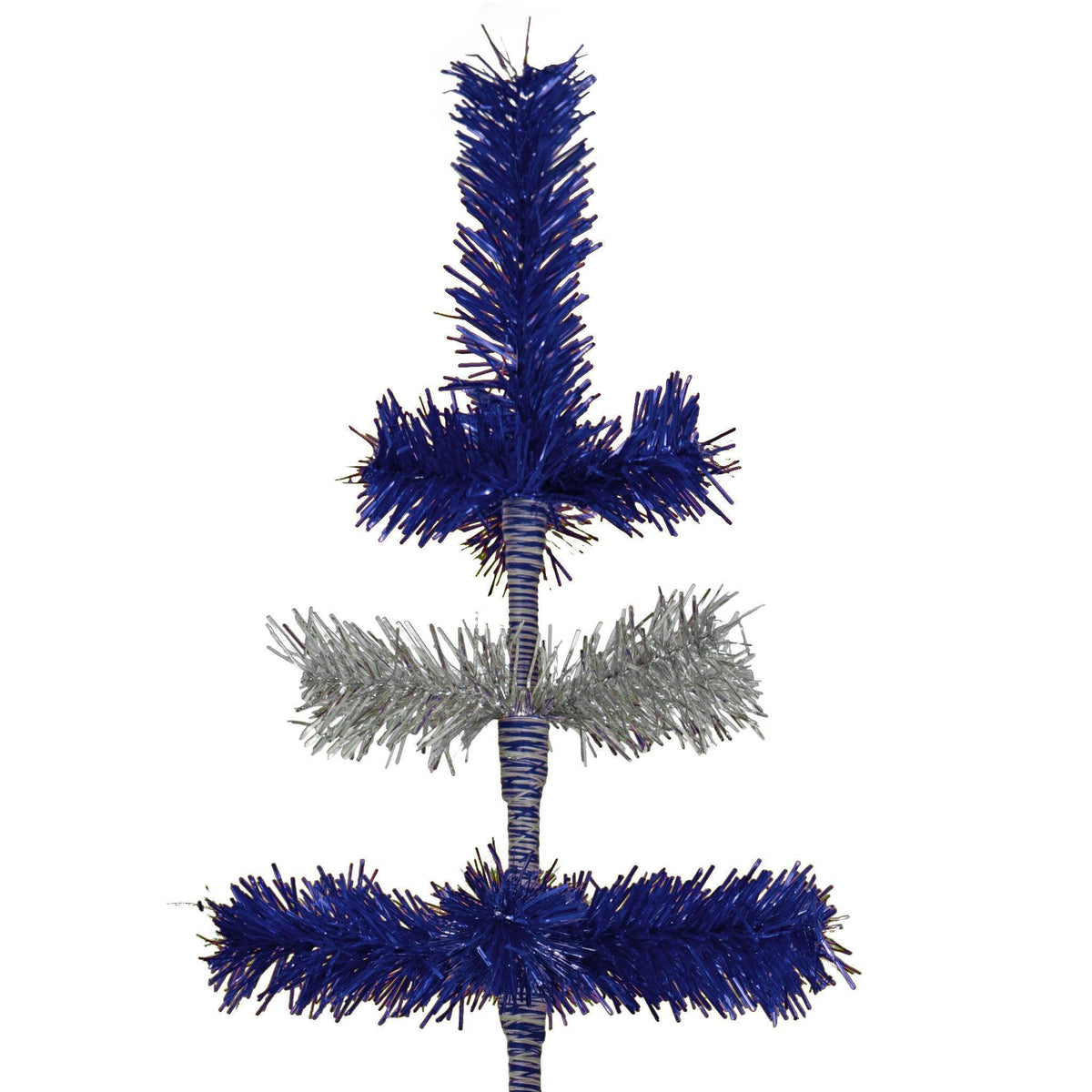 Metallic Blue and Shiny Silver Layered Tinsel Christmas Trees!    Decorate for the holidays with a Silver and Blue retro-style Christmas Tree.  Shop now at leedisplay.com