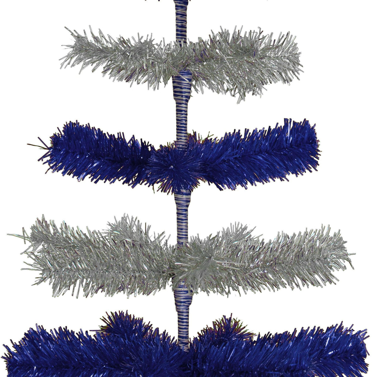 Metallic Blue and Shiny Silver Layered Tinsel Christmas Trees!    Decorate for the holidays with a Silver and Blue retro-style Christmas Tree.  Shop now at leedisplay.com