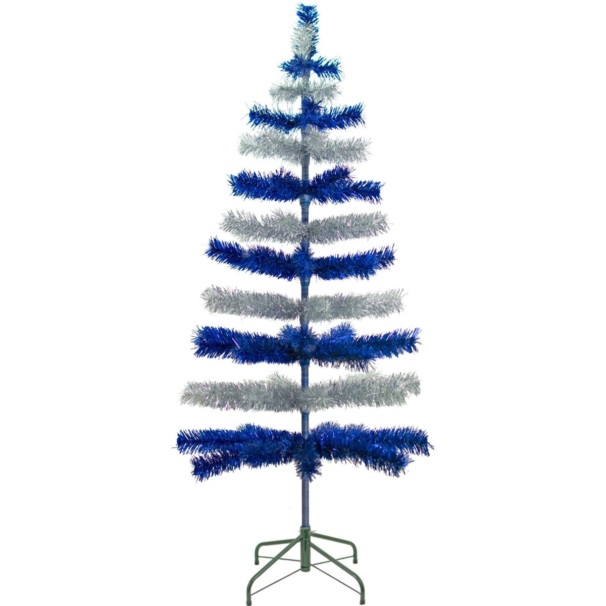 Metallic Blue and Shiny Silver Layered Tinsel Christmas Trees!    Decorate for the holidays with a Silver and Blue retro-style Christmas Tree.  Shop now at leedisplay.com