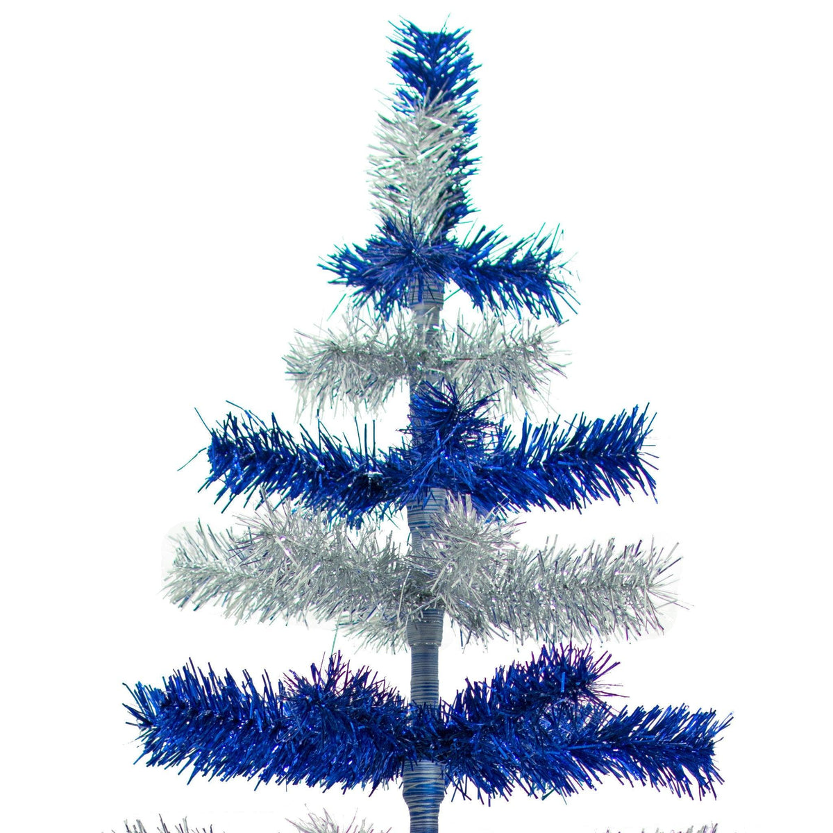 Metallic Blue and Shiny Silver Layered Tinsel Christmas Trees!    Decorate for the holidays with a Silver and Blue retro-style Christmas Tree.  Shop now at leedisplay.com