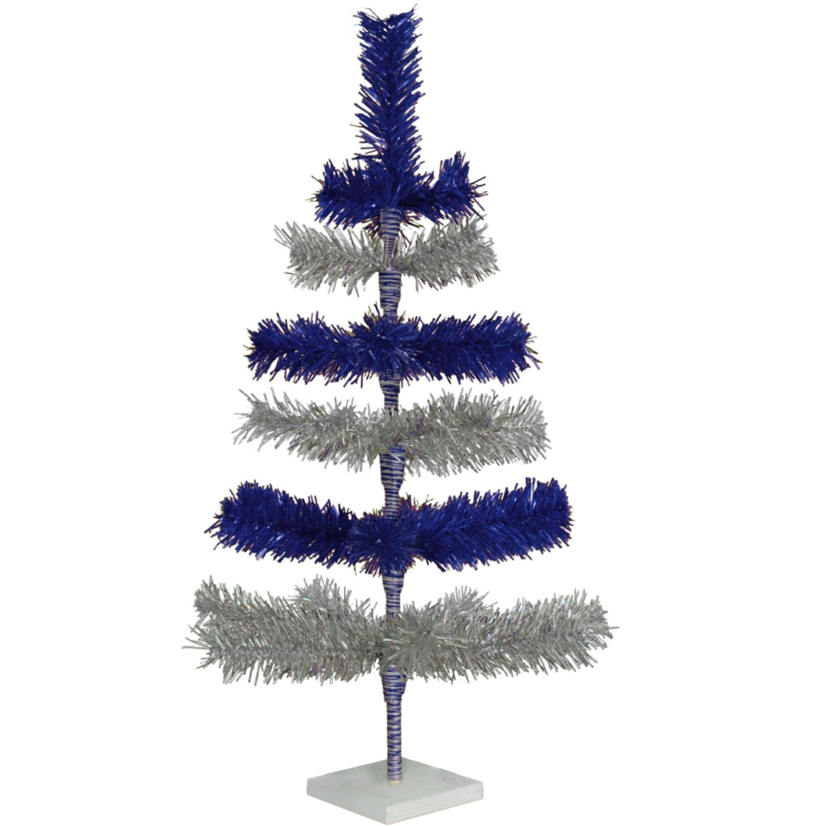 Metallic Blue and Shiny Silver Layered Tinsel Christmas Trees!    Decorate for the holidays with a Silver and Blue retro-style Christmas Tree.  Shop now at leedisplay.com