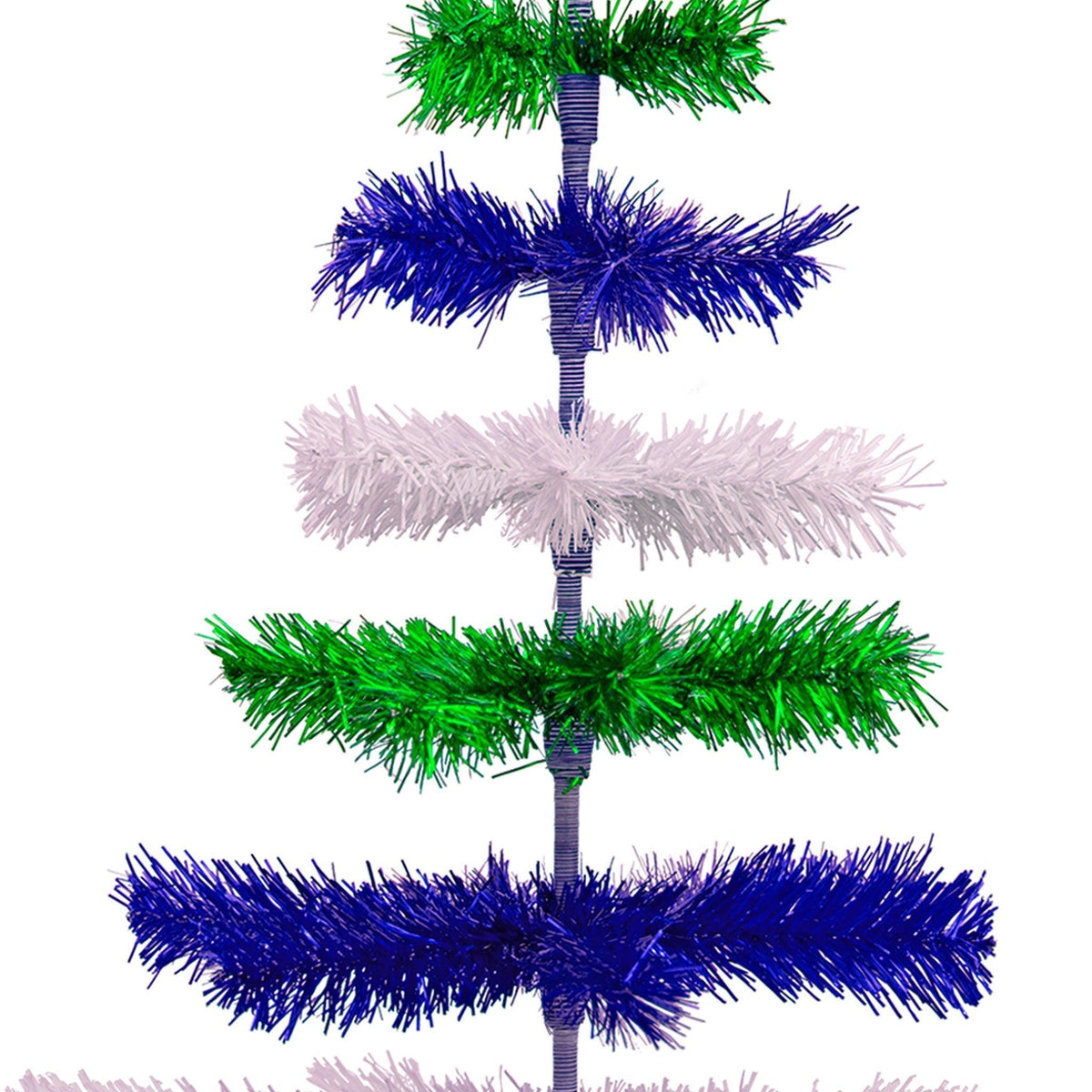 Blue, White, and Green Layered Tinsel Christmas Trees made by hand in the USA.    Decorate for the holidays with retro Earth Day-themed Trees and start creating your centerpiece on sale at leedisplay.com