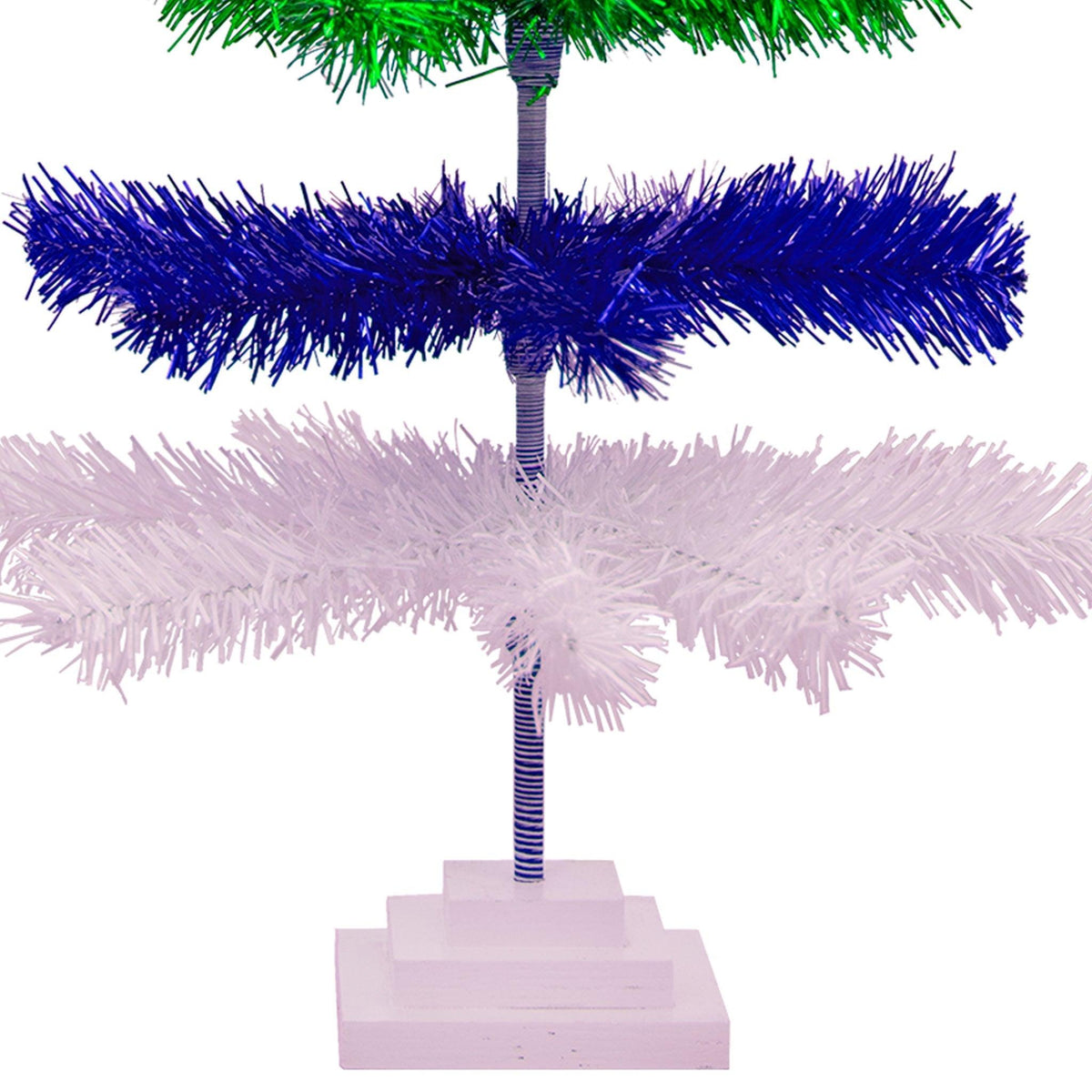 Blue, White, and Green Layered Tinsel Christmas Trees made by hand in the USA.    Decorate for the holidays with retro Earth Day-themed Trees and start creating your centerpiece on sale at leedisplay.com