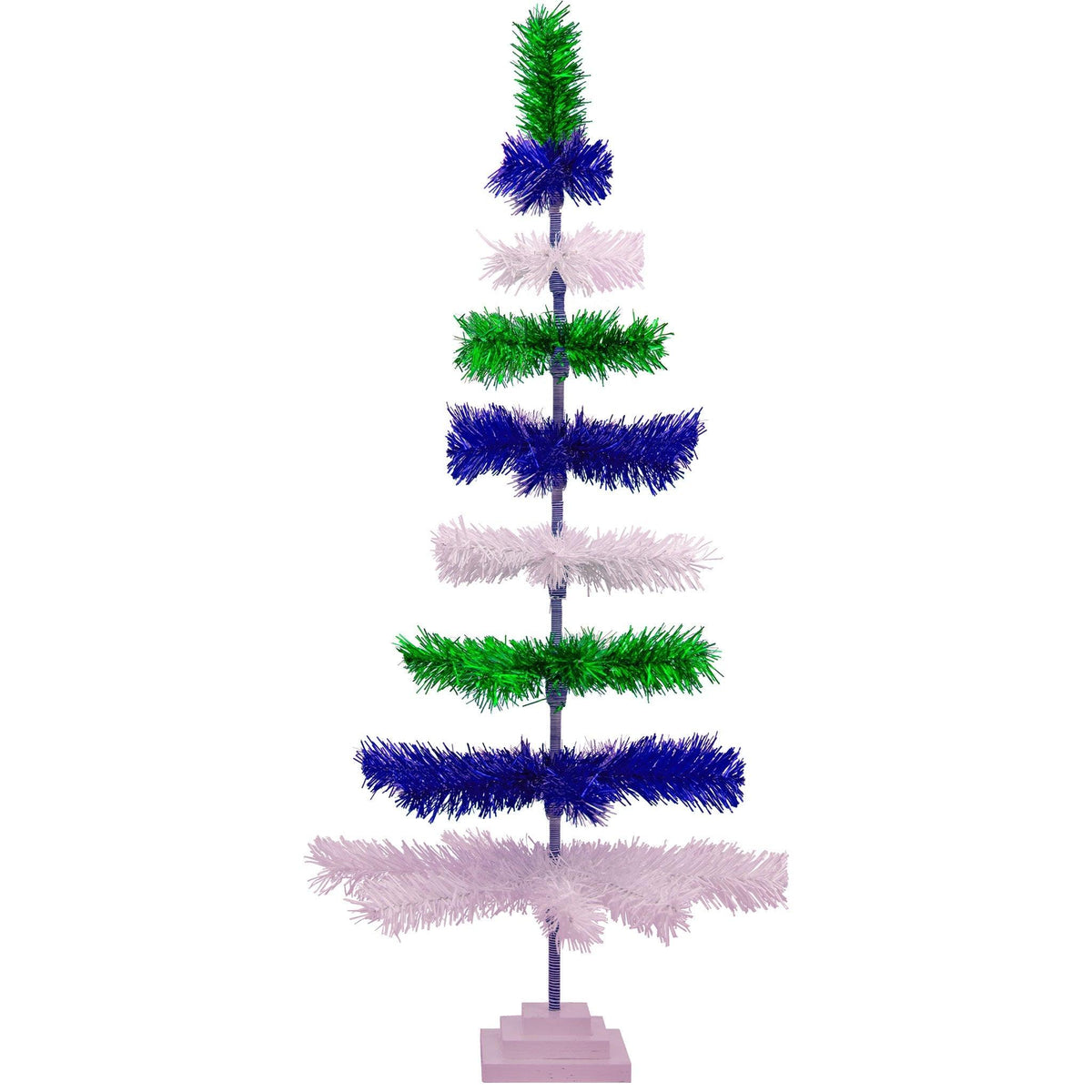 Blue, White, and Green Layered Tinsel Christmas Trees made by hand in the USA.    Decorate for the holidays with retro Earth Day-themed Trees and start creating your centerpiece on sale at leedisplay.com