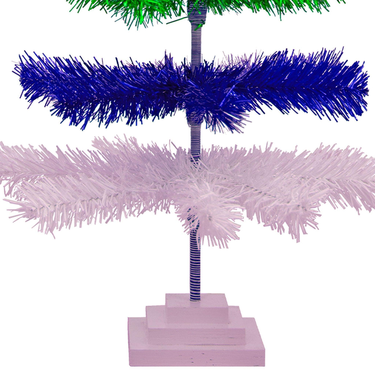 Blue, White, and Green Layered Tinsel Christmas Trees made by hand in the USA.    Decorate for the holidays with retro Earth Day-themed Trees and start creating your centerpiece on sale at leedisplay.com