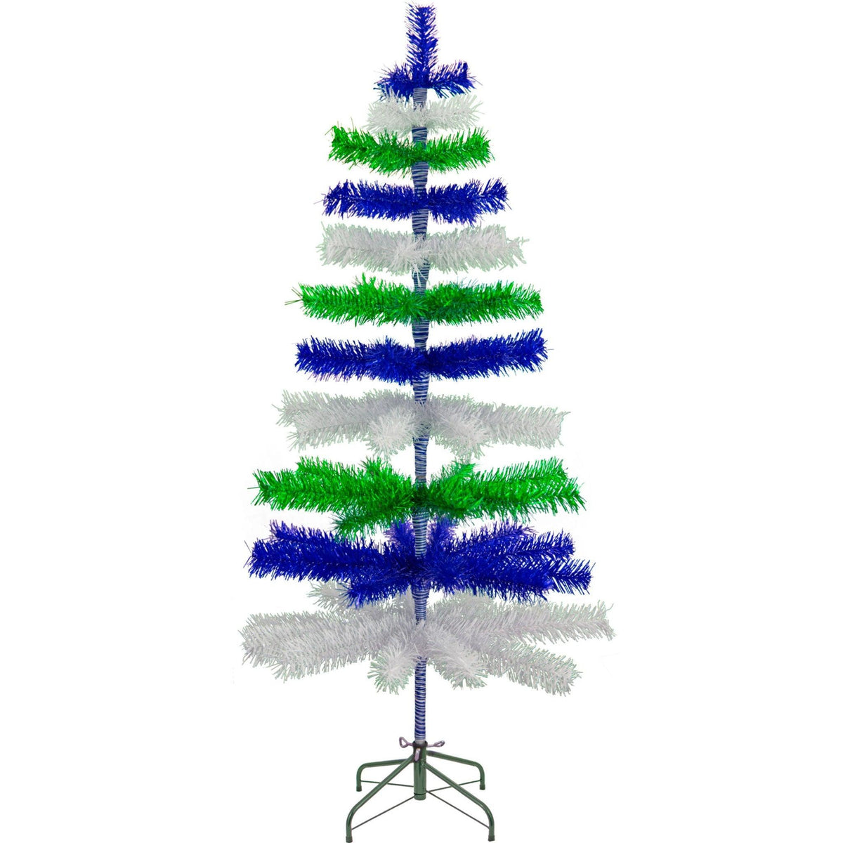 Blue, White, and Green Layered Tinsel Christmas Trees made by hand in the USA.    Decorate for the holidays with retro Earth Day-themed Trees and start creating your centerpiece on sale at leedisplay.com