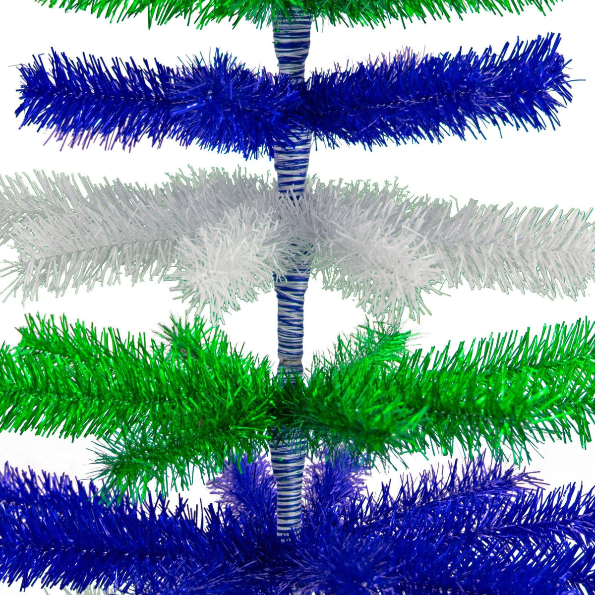 Blue, White, and Green Layered Tinsel Christmas Trees made by hand in the USA.    Decorate for the holidays with retro Earth Day-themed Trees and start creating your centerpiece on sale at leedisplay.com