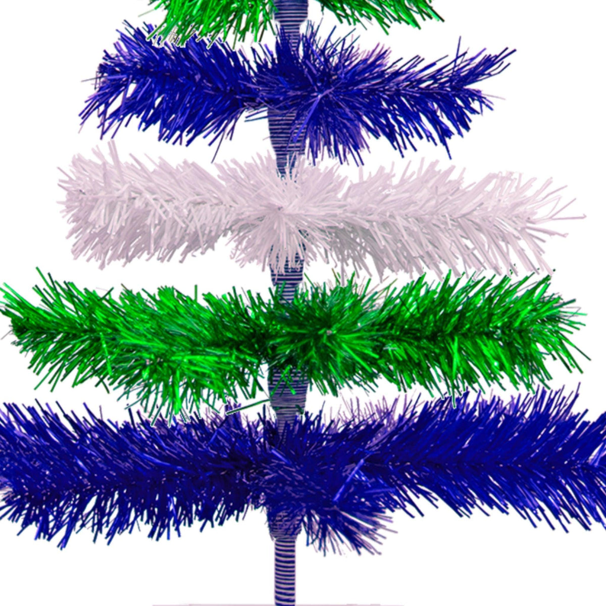 Blue, White, and Green Layered Tinsel Christmas Trees made by hand in the USA.    Decorate for the holidays with retro Earth Day-themed Trees and start creating your centerpiece on sale at leedisplay.com