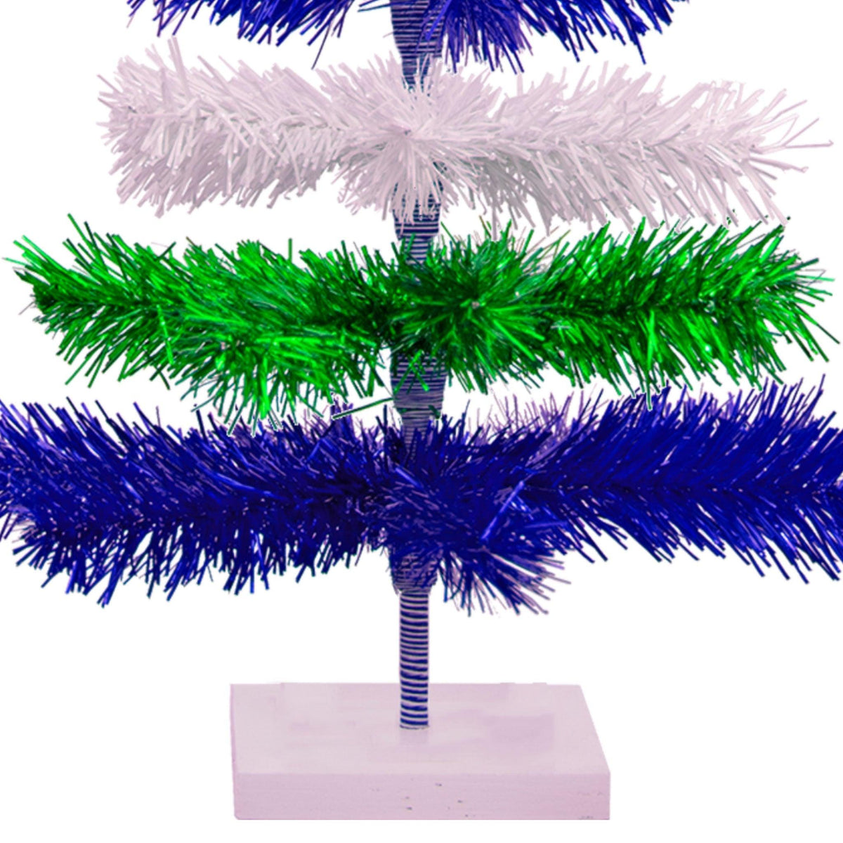 Blue, White, and Green Layered Tinsel Christmas Trees made by hand in the USA.    Decorate for the holidays with retro Earth Day-themed Trees and start creating your centerpiece on sale at leedisplay.com