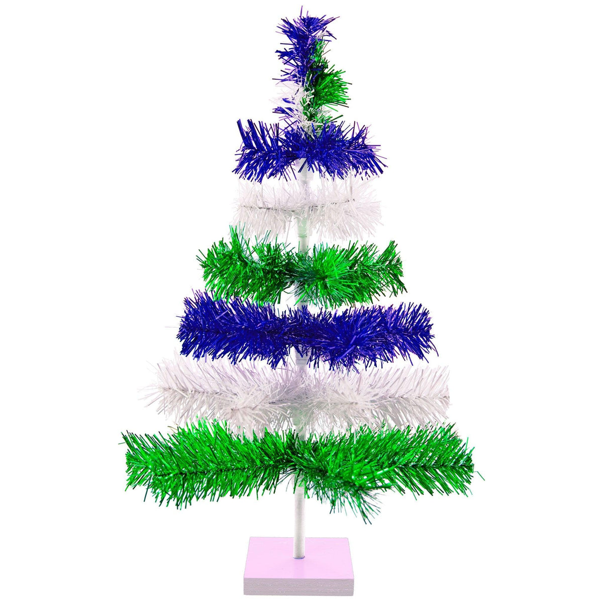 Blue, White, and Green Layered Tinsel Christmas Trees made by hand in the USA.    Decorate for the holidays with retro Earth Day-themed Trees and start creating your centerpiece on sale at leedisplay.com