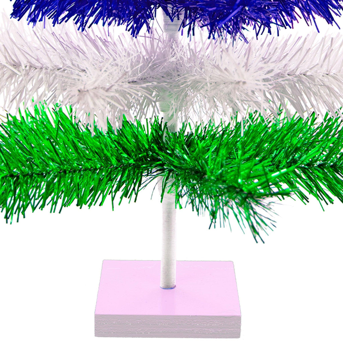 Blue, White, and Green Layered Tinsel Christmas Trees made by hand in the USA.    Decorate for the holidays with retro Earth Day-themed Trees and start creating your centerpiece on sale at leedisplay.com