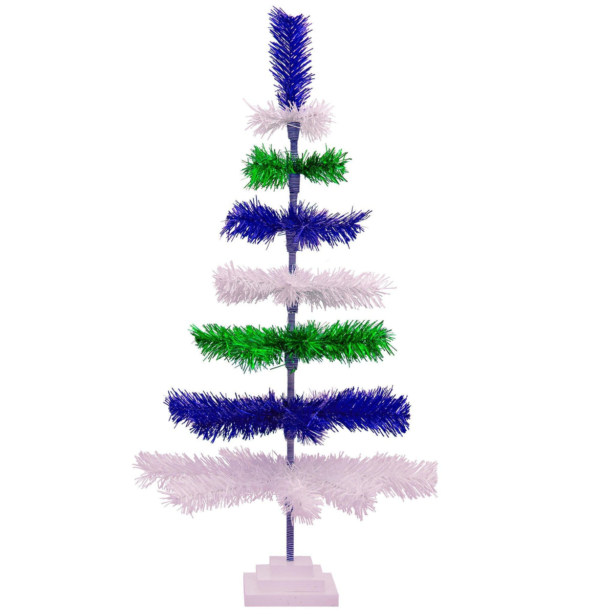 Blue, White, and Green Layered Tinsel Christmas Trees made by hand in the USA.    Decorate for the holidays with retro Earth Day-themed Trees and start creating your centerpiece on sale at leedisplay.com