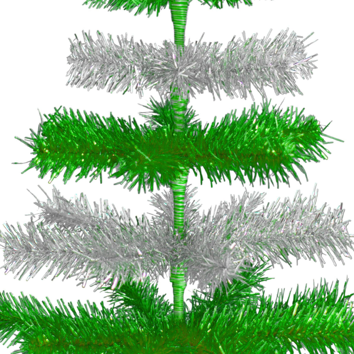 Shiny Green and Metallic Silver Layered Tinsel Christmas Trees on sale at leedisplay.com