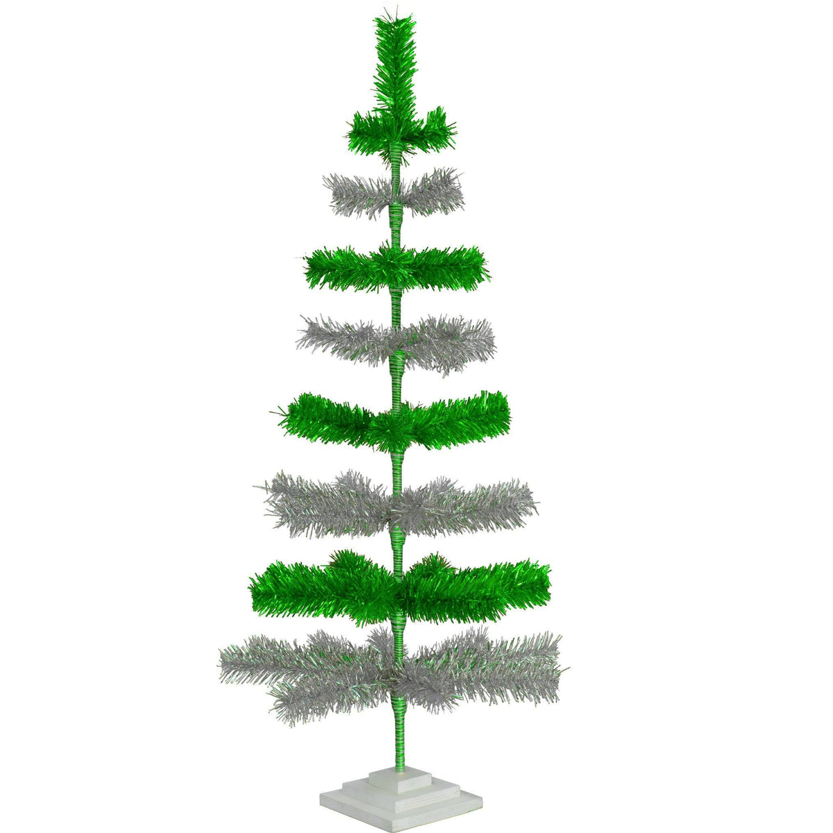 48in Tall Shiny Green and Metallic Silver Layered Tinsel Christmas Trees on sale at leedisplay.com