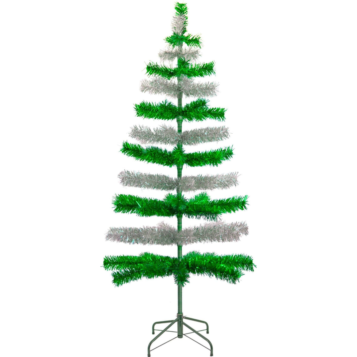 Shiny Green and Metallic Silver Layered Tinsel Christmas Trees on sale at leedisplay.com