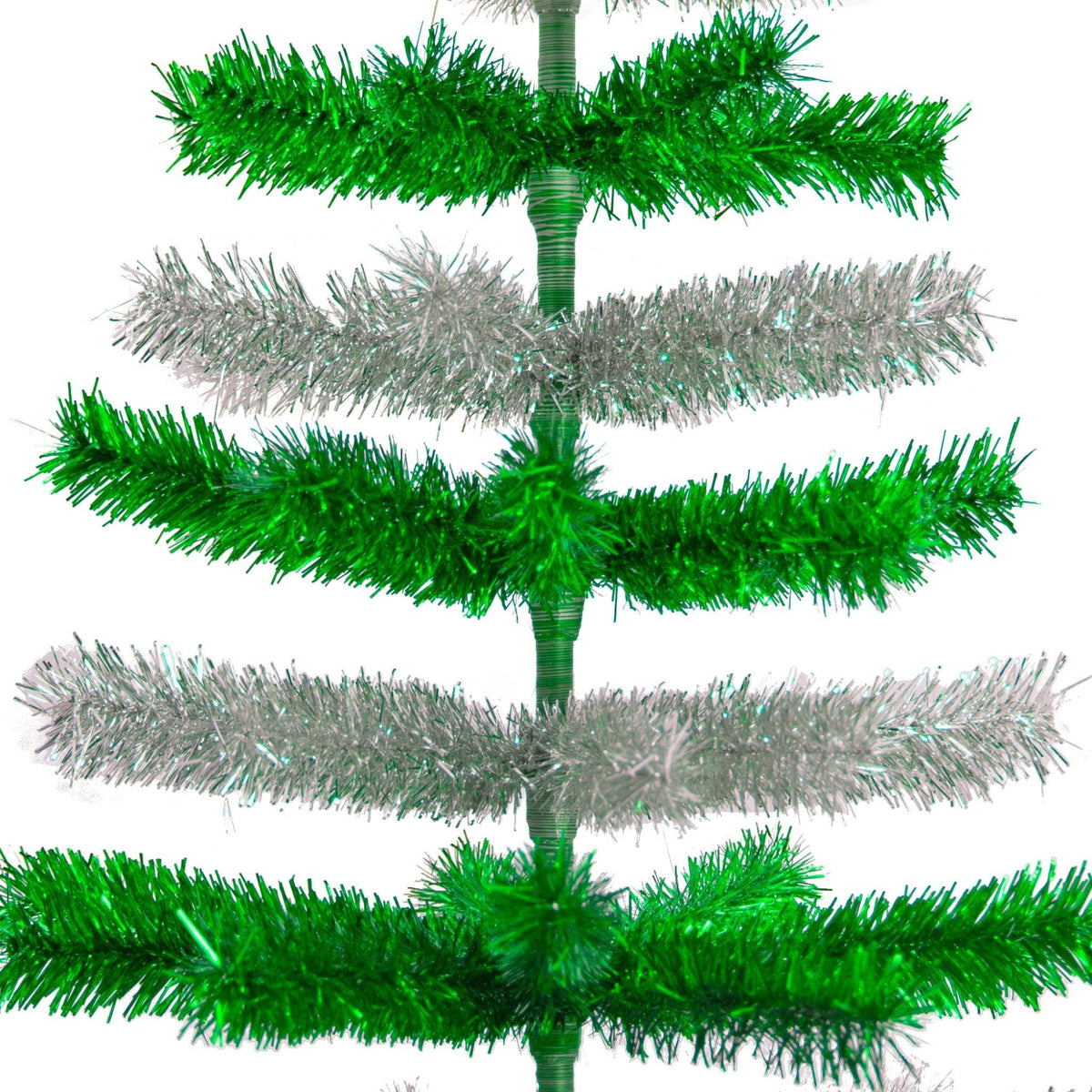 Shiny Green and Metallic Silver Layered Tinsel Christmas Trees on sale at leedisplay.com