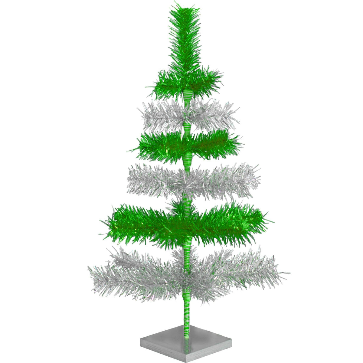 Shiny Green and Metallic Silver Layered Tinsel Christmas Trees on sale at leedisplay.com