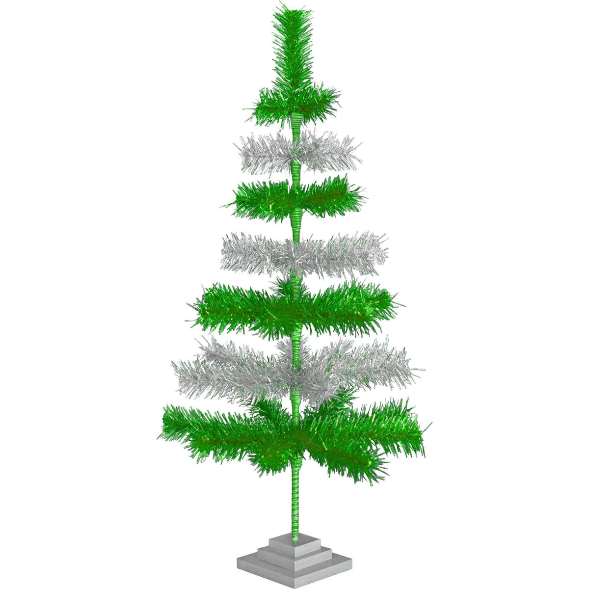 Shiny Green and Metallic Silver Layered Tinsel Christmas Trees on sale at leedisplay.com