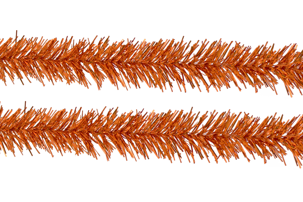 Lee Display's Metallic Orange Tinsel Garlands for your Halloween Decorations!   25FT of Metallic Orange Tinsel Garland. 3IN Thickness.