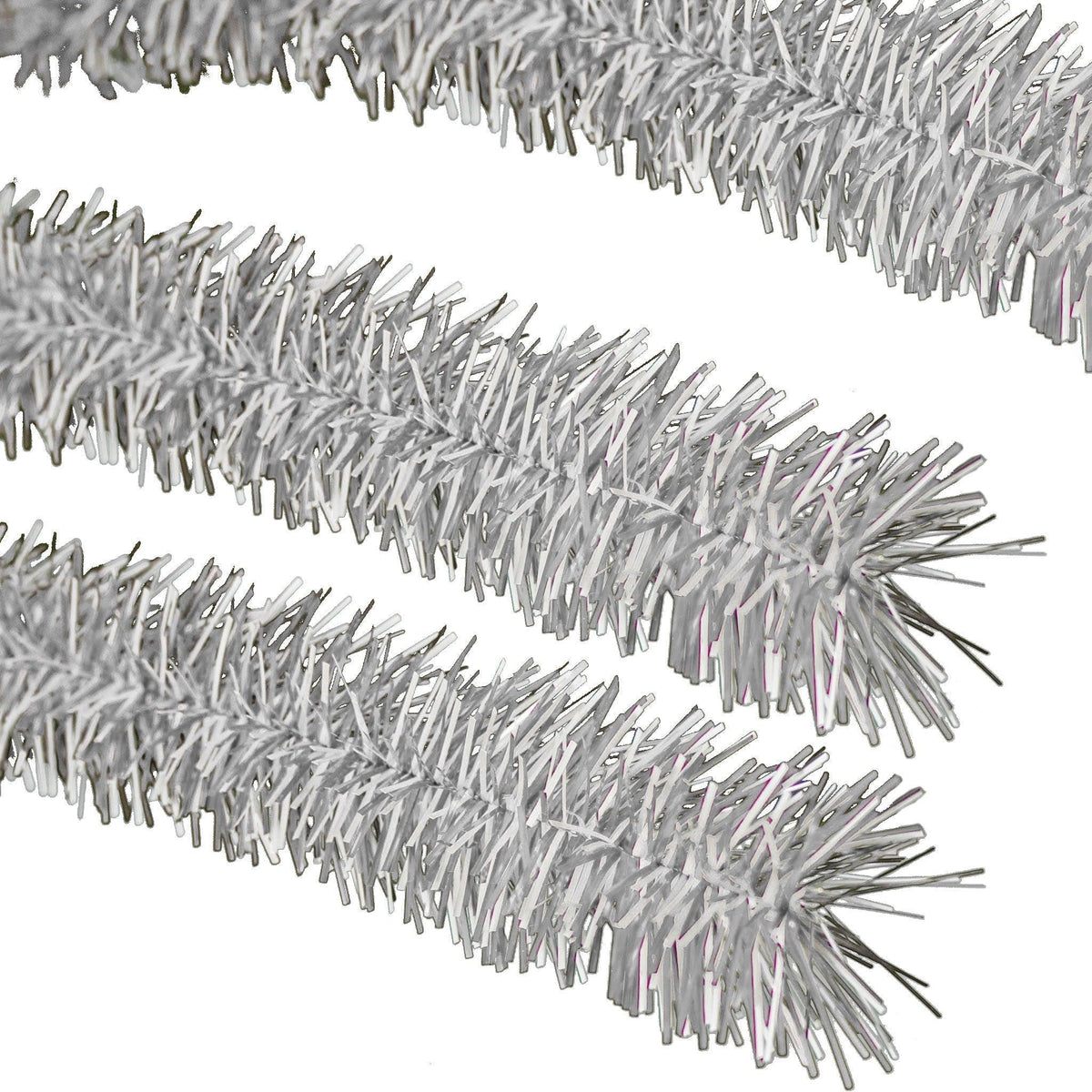 Lee Display's brand new 25ft Shiny White and Metallic Silver Tinsel Garlands and Fringe Embellishments on sale at leedisplay.com