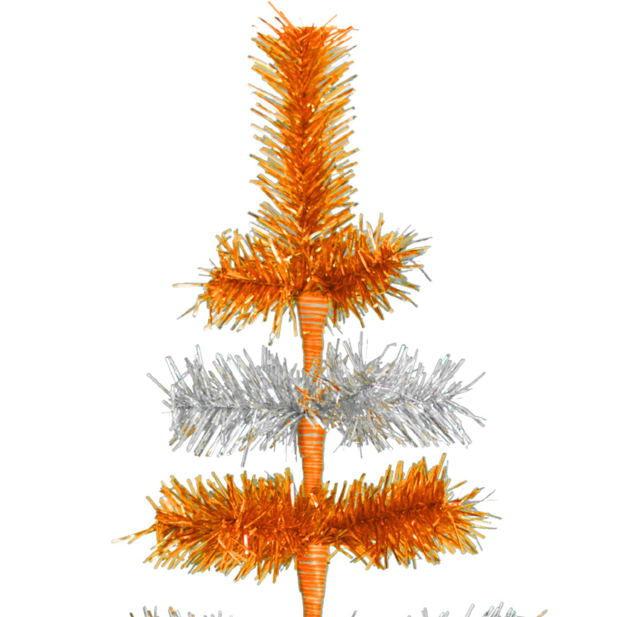 Orange & Silver Layered Tinsel Christmas Trees!    Decorate for the holidays with a Shiny Orange and Metallic Silver retro-style Christmas Tree.  On sale now at leedisplay.com