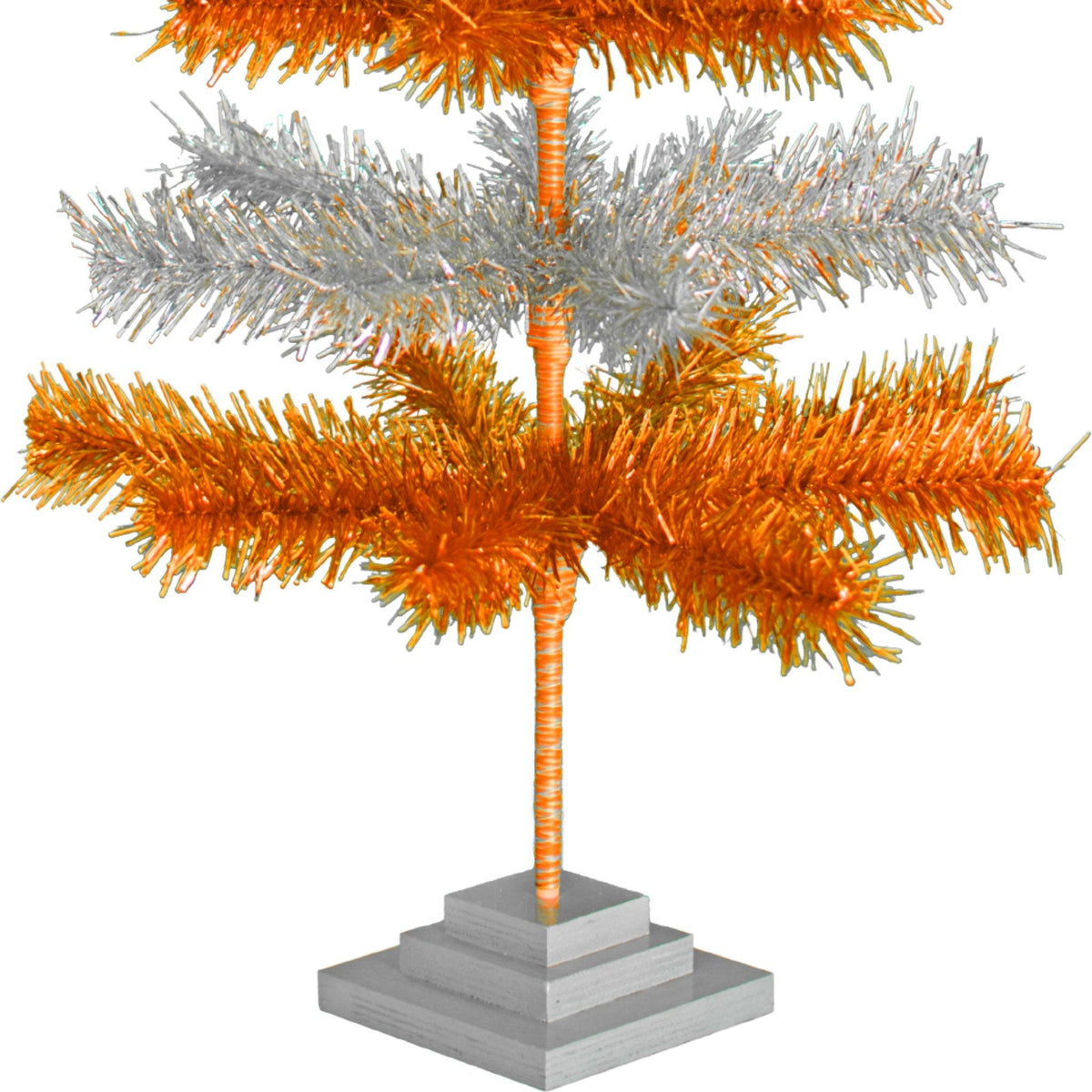 Orange & Silver Layered Tinsel Christmas Trees!    Decorate for the holidays with a Shiny Orange and Metallic Silver retro-style Christmas Tree.  On sale now at leedisplay.com