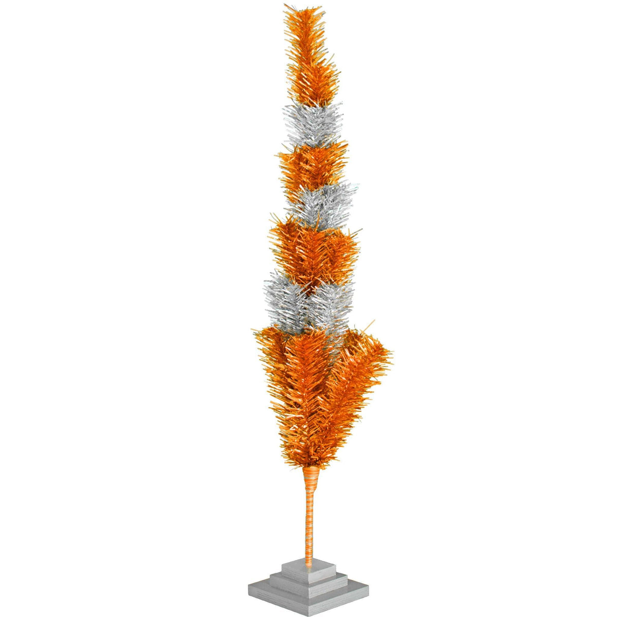 Orange & Silver Layered Tinsel Christmas Trees!    Decorate for the holidays with a Shiny Orange and Metallic Silver retro-style Christmas Tree.  On sale now at leedisplay.com