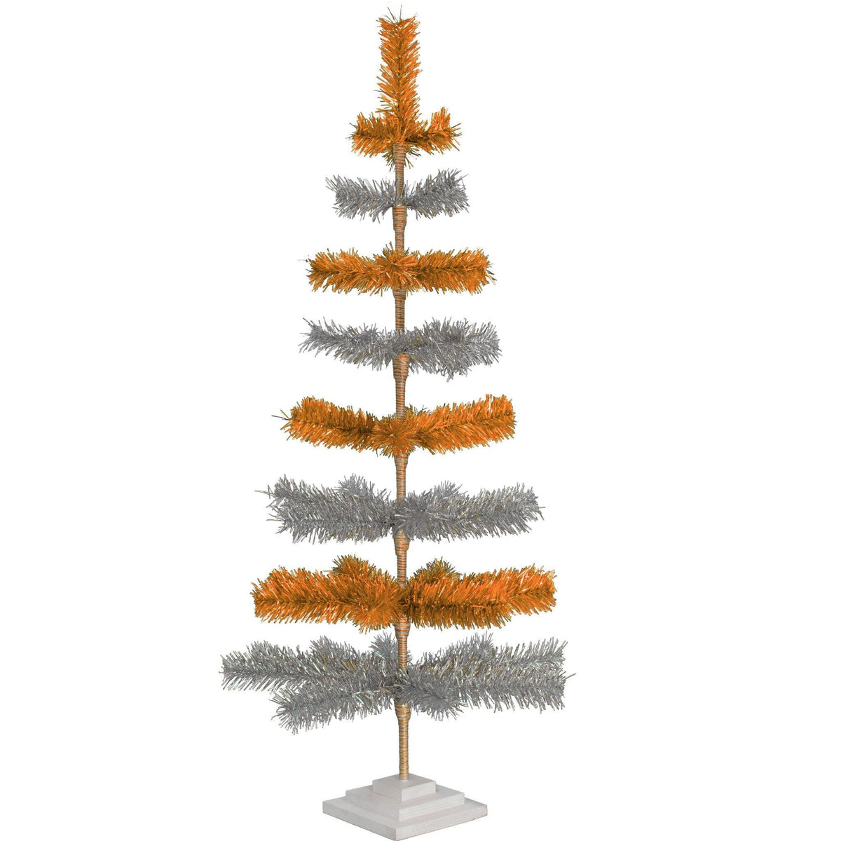 48in Tall Orange & Silver Layered Tinsel Christmas Trees! Decorate for the holidays with a Shiny Orange and Metallic Silver retro-style Christmas Tree. On sale now at leedisplay.com