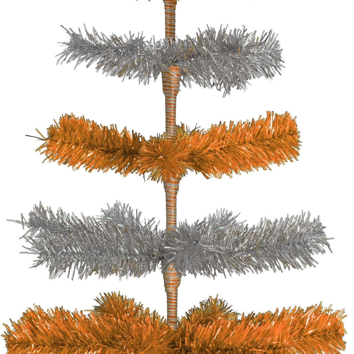 48in Tall Orange & Silver Layered Tinsel Christmas Trees! Decorate for the holidays with a Shiny Orange and Metallic Silver retro-style Christmas Tree. On sale now at leedisplay.com