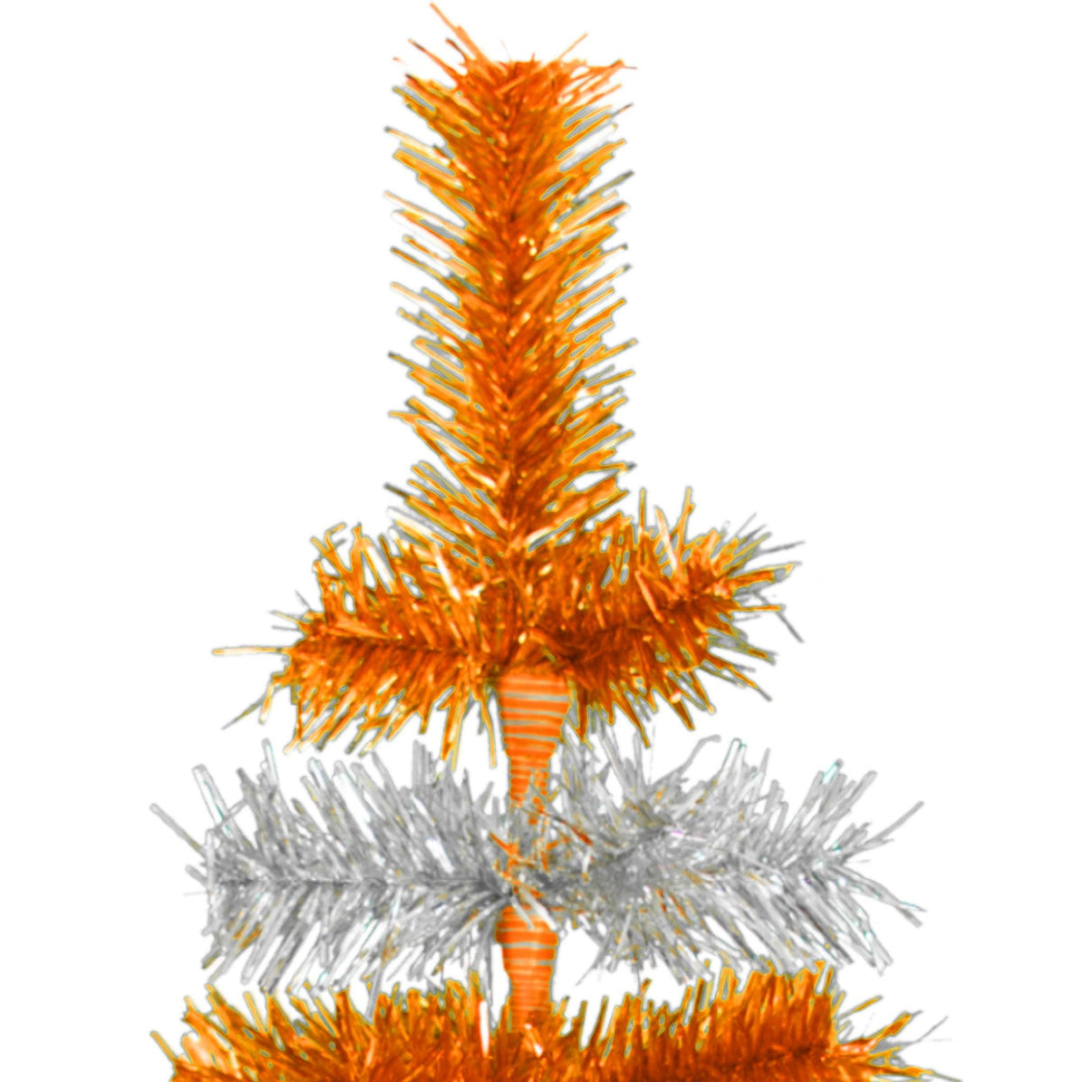 Orange & Silver Layered Tinsel Christmas Trees!    Decorate for the holidays with a Shiny Orange and Metallic Silver retro-style Christmas Tree.  On sale now at leedisplay.com