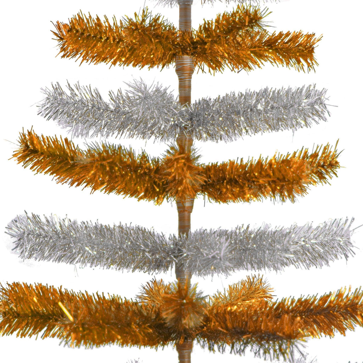 Orange & Silver Layered Tinsel Christmas Trees! Decorate for the holidays with a Shiny Orange and Metallic Silver retro-style Christmas Tree. On sale now at leedisplay.com